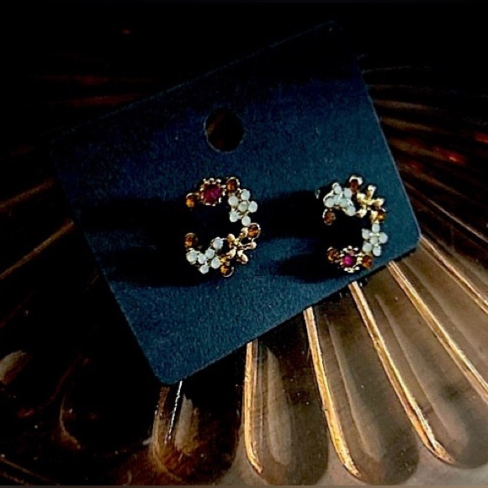 Gold Tone Floral Crescent Moon Earrings